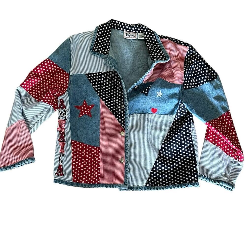 Vintage Tantrums Denim Jacket Patchwork American Flag Red White Size Medium